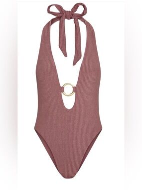 Monday Swimwear Montego HalterOne Piece Mauve Lurex Rib Gold Ring Size S NWT